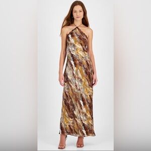 1. State Women's Printed Lace-Trim Halter Sleeveless Maxi Dress